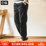 马登工装美式复古灯芯绒束脚长裤松紧腰条绒滑板锥型直筒休闲裤子男秋 黑色 L