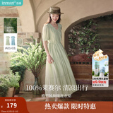 茵曼（INMAN）法式薄荷曼波连衣裙2024夏女装新品V领灯笼袖抽绳 水沫绿 L