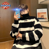 NEW OR MODE高领毛衣男秋冬季新款加绒加厚条纹针织衫宽松慵懒保暖高级感外套 黑色 M