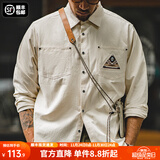 马登工装美式复古长袖衬衫男印第安图腾拼接口袋叠穿纯棉衬衣秋季 米白色 S