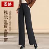 墨偶妈妈装裤子春款毛呢休闲阔腿裤春秋百搭中老年女裤奶奶直筒长裤