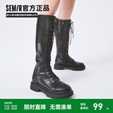 Semir官方正品时装靴女靴春秋季新款潮流休闲高帮系带机车靴长筒靴女 黑色 37
