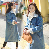 艾珠儿 棉服秋冬装韩版宽松学生羊羔毛牛仔外套女中长款加绒加厚棉衣 浅蓝色 L