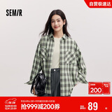 森马（Semir）长袖衬衫女春季中长款oversize翻领落肩格纹女生衬衣101125105007