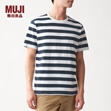 MUJI MUJI 男式 印度棉天竺编织 粗条纹短袖T ABB02A0S 深海军蓝X横条 XL