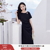 香影法式粉色连衣裙女2025夏装新款t恤裙褶皱短袖温柔风收腰裙子 黑色 L 165/88A/110-125斤