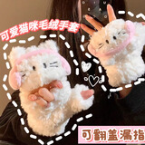尤克达蒂（yookdd）手套女冬季可爱保暖手套学生骑行写字可触屏加绒加厚翻盖露指手套 可翻盖猫咪耳机手套【白色】