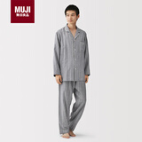 MUJI男式无侧缝双层纱织睡衣家居服 藏青色条纹6s L