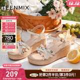 天美意凉鞋女商场同款坡跟编织花朵一字带女鞋COO05BL3 米白 38