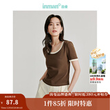 茵曼（INMAN）撞色罗纹棉女装U领短袖T恤修身气质通勤2025夏季新款短款上衣 深咖啡 S