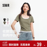 森马（Semir）短袖t恤女短款假两件百搭上衣25夏装显瘦U领套头衫109325100015