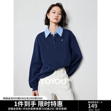 初语拼接假两件衬衫卫衣女25春秋新款知识分子时尚polo领上衣情侣 黑蓝色 XL