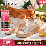 天美意凉鞋女商场同款坡跟编织花朵一字带女鞋COO05BL3 米白 38