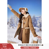 香影牛角扣麂皮绒大衣女2025冬季新款羊羔毛风中长款翻领驼色外套 驼色 XS