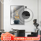 墨派 轻奢餐厅装饰画现代简约带钟表组合挂画饭厅背景墙壁画客厅挂画 金鹿招财 60*80cm镶钻画+直径60cm钟表