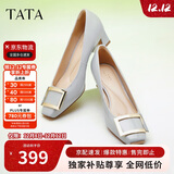 他她女鞋粗跟单鞋真皮方头休闲鞋高跟浅口鞋子7YO01AQ4 兰灰 35