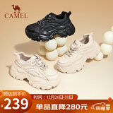 骆驼（CAMEL）老爹鞋女网布皮面拼接双系带厚底休闲鞋 L24S283079R 杏色绒里 38