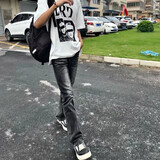 POUMcleanfit美式复古高街vibe风重磅水洗黑牛修身显高微喇牛仔裤男装 黑色 常规 【高品质】 XL 【120-135斤】【高品质】
