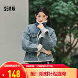 森马（Semir）牛仔外套女拼接仿兔毛翻领宽松港风冬季落肩夹棉夹克103724108001