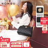 红谷包包女包新款时尚大气菱格单肩包牛皮链条手提包女圣诞礼物 漆黑