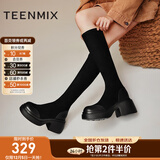 天美意鞋子女鞋商场同款粗跟增高显瘦弹力长靴女时装靴CPB80DG3 黑色（薄绒） 37