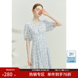 范思蓝恩23FS12521茶歇法式雪纺碎花连衣裙女夏V领海边度假长裙子 白底紫花 M