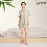 金利来（Goldlion）纯棉家居服女夏季短袖短裤睡衣套装翻领纯色外穿居家服 棉款-水沫绿 L (165)