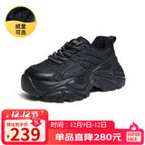 骆驼（CAMEL）老爹鞋女网布皮面拼接双系带厚底休闲鞋 L24S283079R 黑色绒里 37