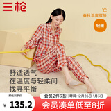 三枪（THREEGUN）睡衣男女100%纯棉抗静电新疆棉绒布格纹开襟长袖长裤家居服套装 女 暖桔格 M （仅女款）