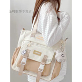 途尊包包女大学生手拎补课包少女大容量单肩休闲百搭斜挎包帆布手提袋 卡其色-【防泼水】 包包+胖云朵【送徽章】