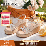 天美意凉鞋女商场同款坡跟编织花朵一字带女鞋COO05BL3 米白 38