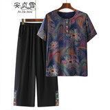 安贞雪全棉中老年女装奶奶装夏装老太太套装纯棉T恤衫上衣+松紧裤LY2959 蓝花 3XL 建议120-140斤
