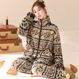 雅鹿时尚立领莎粒绒秋冬天复古费尔岛睡衣可外穿女士保暖法兰绒家居服 NSJLY-KS296森野韵律立领拉链女 M (建议85斤-100斤)