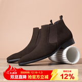 村哥牛皮切尔西男靴高帮皮鞋马丁靴男秋冬季加绒英伦反绒皮短靴 棕色 42