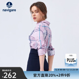 Navigare意大利小帆船女士长袖衬衫春秋季休闲格子衬衣莱赛尔高档寸衫 洋红/白 M