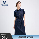 Navigare意大利小帆船女士短袖牛仔连衣裙25夏季新品纯棉衬衫裙百搭长裙子 海军蓝 M
