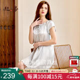 丝界真丝睡裙女桑蚕丝宽松短袖公主睡衣裙纯色绣花家居服节日礼物