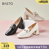 百思图秋季商场新款舒适乐福鞋高跟鞋羊皮鞋粗跟女单鞋KA103AA3 粉色 38