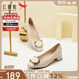红蜻蜓秋冬女士粗跟小香风皮鞋职业通勤妈妈鞋高跟鞋WFB31540 米白色 34