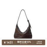 裘真新年礼物【明星推荐】经典hobo包植鞣牛皮腋下通勤休闲饺子女包 咖啡色-小号 小包/大包