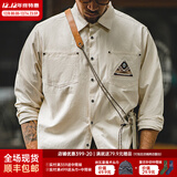 马登工装美式复古长袖衬衫男印第安图腾拼接口袋叠穿纯棉衬衣秋季 米白色 2XL