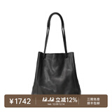 裘真008水桶包女斜挎通勤大容量真皮复古小众植鞣牛皮包包 黑色-大号