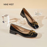 NINE WEST/玖熙低跟单鞋牛漆皮浅口方头金属饰扣工作女鞋NF445006FK 黑色37
