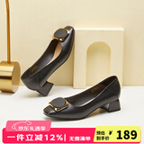 红蜻蜓女鞋新款时装女士皮鞋粗跟女单鞋浅口通勤女鞋面试小皮鞋WFB31540 黑色 37