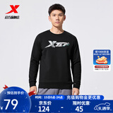 特步（XTEP）保暖卫衣男秋冬季运动服刺绣针织上衣男装休闲圆领加绒套头衫 正黑色-加绒款（0124） M