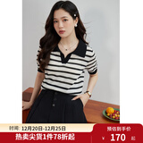 独束大码女装清凉感针织条纹短袖T恤女夏季新款微胖mm气质翻领上衣 黑白条纹 M