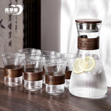 青苹果耐热玻璃杯子水壶套装 新中式竖纹家用耐高温防烫泡茶水杯 1壶6杯