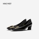 NINE WEST/玖熙牛漆皮革女单鞋优雅方头浅口粗跟通勤鞋NH208005FT黑色 36