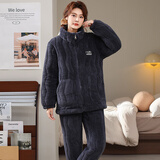 特丝格斯（TSGS）睡衣女冬季加厚套装珊瑚绒三层夹棉衣加绒加大码法兰绒保暖家居服 黑灰色 XL 身高165内体重105-125斤内