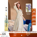 两三事度假风法式连衣裙女茶歇24夏季复古刺绣方领短袖裙子嗜好冷鸢 米杏色 M